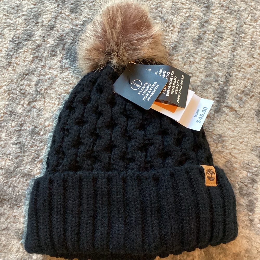 Timberland Women’s Beanie Cable Knit Cuff Fleece Lined Pom Pom Black Hat OS